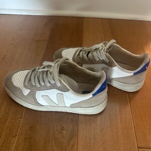 Veja White and Tan Sneakers with Blue Accents